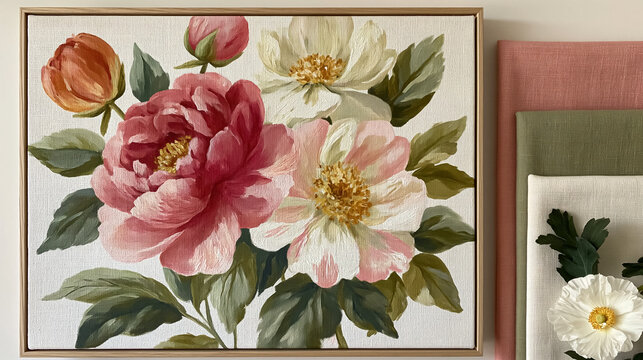 Botanical oil painting featuring colorful peonies and blooming flowers on canvas, complemented by fabric swatches ideal for home styling