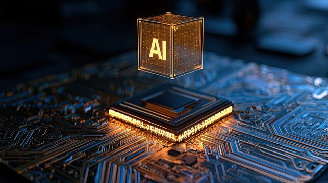 Glowing AI cube hovers over illuminated microchip circuit board