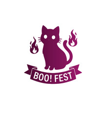 Obraz premium Purple silhouette Halloween emblem featuring a spooky black cat with floating magic flames and a boo fest ribbon banner vector graphic design element art