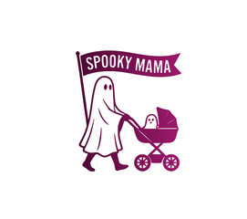 Purple silhouette Halloween emblem featuring a ghost mother pushing a stroller while holding a flag banner with spooky mama typography text vector graphic design element