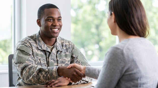 Smiling African American Soldier Shaking Hands With Woman Across Desk In Office
