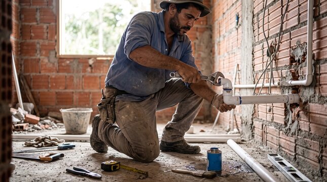 Experienced plumber using an adjustable wrench to install and fix PVC water pipes inside a house under construction