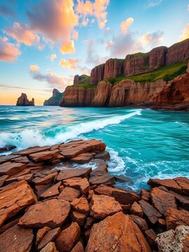 Seaside cliffs dramatically rise from a turquoise sea at sunset, with waves crashing against the rocky shore, dramatic, landscape
