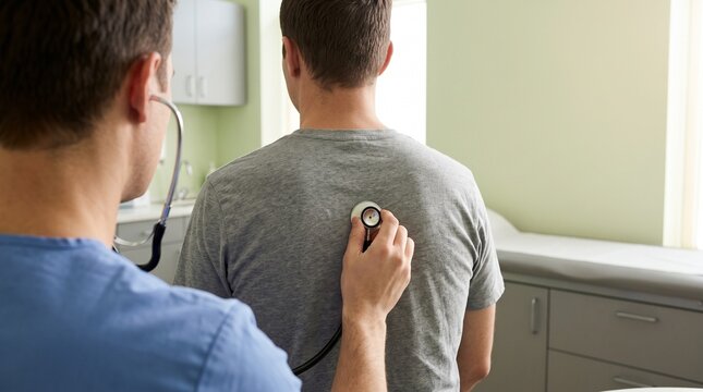 Doctor Using Stethoscope to Examine Patient Back in Clinical Healthcare Setting