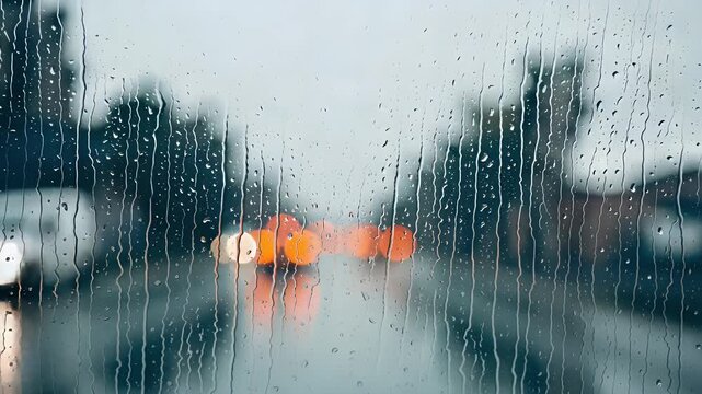 Raindrops falling down on a car windshield creates beautiful blurry bokeh light reflections from traffic during a gloomy evening in the city on a wet day