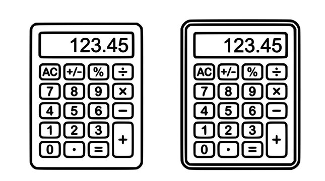 Calculators with a Display Showing 123.45 and Various Arithmetic Function Buttons as a Black Outline Icon Set.