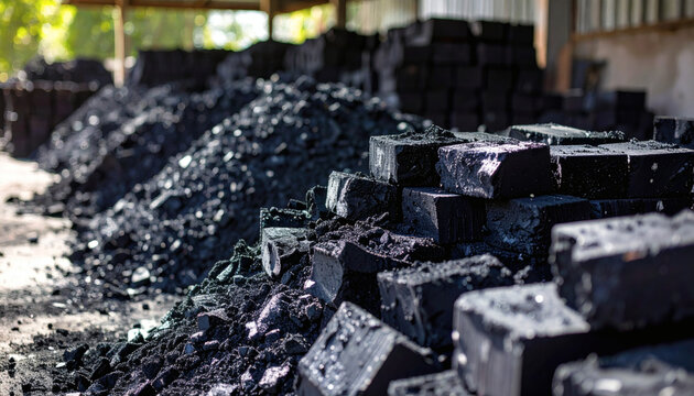 Charcoal blocks stacked in a large warehouse setting showing industrial fuel production process for heating and cooking energy supply needs