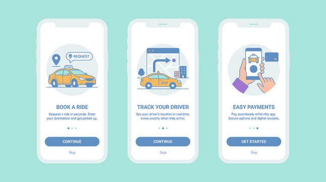 Taxi booking mobile app onboarding screen UI design.