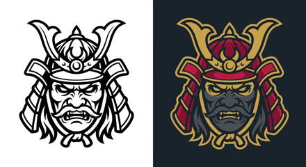 Traditional Japanese samurai helmet mask illustration set.
