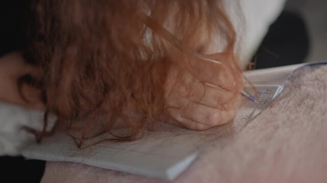 Hands write in notebook resting on lap, long hair partly covering page while pen tip moves, fingers press paper, and subtle motion in quiet indoor light suggests focused note taking