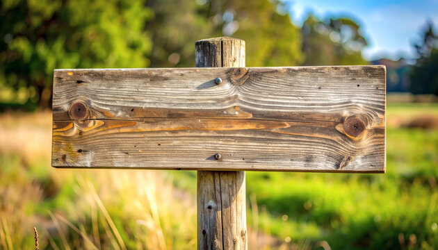 Wooden signpost blank board standing in a sunny outdoor park with blurred green grass background for custom text placement