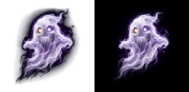 Ethereal purple ghost with glowing eyes composed of wispy smoke and particles in motion transparent background png