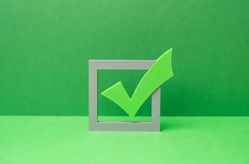 Green tick checkmark for voting in elections. Passed the test, completed the task. Minimalistic business sweet. Receiving permission and confirmation. Approval completion. Checkbox. To-do list. © Andrii Yalanskyi
