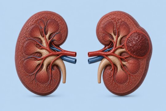 Detailed 3D illustration comparing a cross-section of a healthy human kidney with a kidney affected by renal cell carcinoma (kidney tumor), isolated on a light blue background