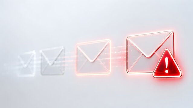 Modern Conceptual Illustration of Email Threat Detection with Sequential Glass Envelopes Highlighting a Red Warning Icon on Light Background