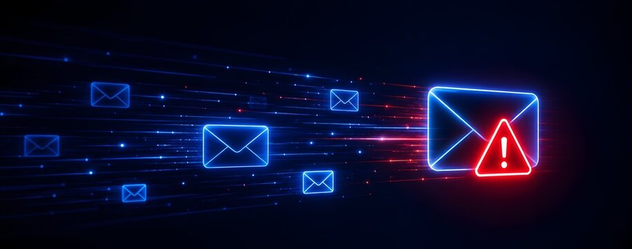 Malicious Email Detection Concept Showing Fast Moving Blue Envelopes and One Red Warning Envelope with Exclamation Mark in Cyberspace