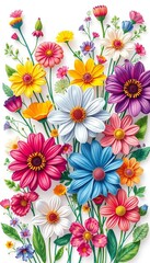 Obraz premium Colorful vector flowers in whimsical arrangement, flower composition, greeting card design
