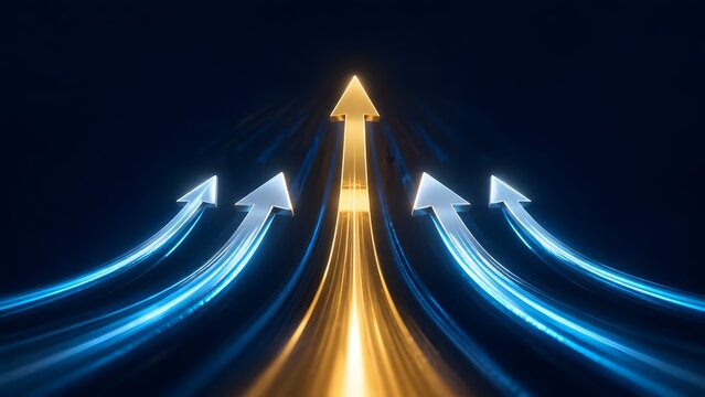 Glowing golden arrow leading a group of silver arrows upward on a dark background representing financial growth and business success.