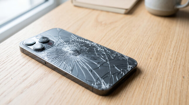 Smartphone with cracked back glass on a wooden table. Damaged mobile device close-up. Modern technology concept