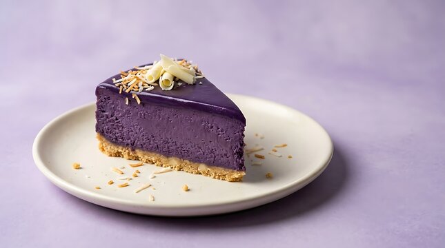 Ube Cheesecake Slice: A decadent slice of ube cheesecake, featuring a rich purple filling, a buttery crust, and a creamy white chocolate garnish.