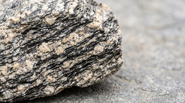 Close-up of biotite gneiss rock texture with foliated layers. Geological specimen for study and analysis