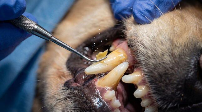Close-up of veterinary dental cleaning of a dog's teeth with a gloved professional using a dental scaler to remove tartar and plaque buildup from a canine tooth during an oral examination