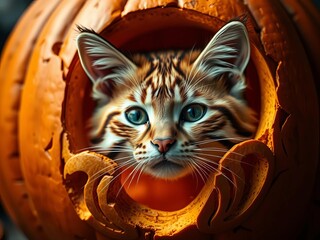 Naklejka premium Whiskered feline face peeking from intricately carved jack o lantern, harvest, magical