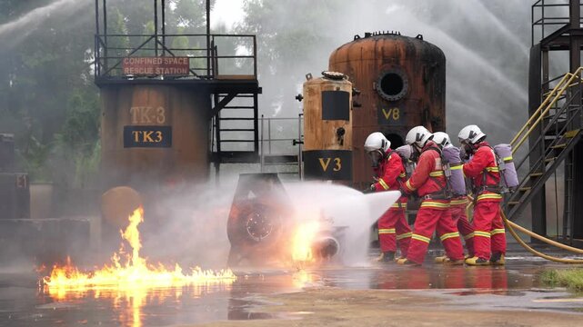 Firefighter firehose water spray industrial tank safety training emergency response, refinery drill in protective gear, pressure stream control, smoke exercise, rescue team vs controlled blaze