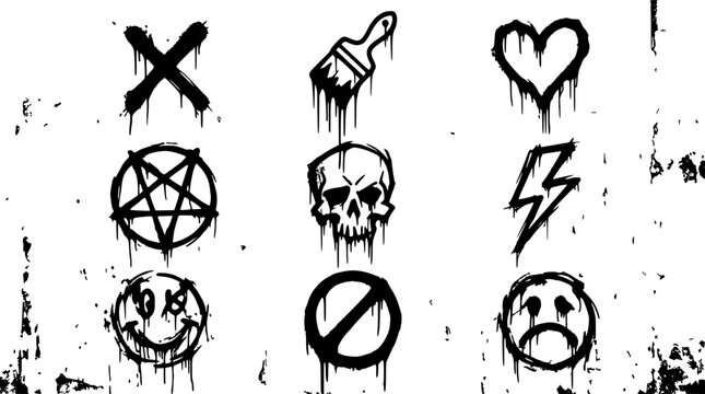 Icons of Anarchism, Danger, Love, Death, and Emotions in Dripping Paint Hand-Drawn Style for Conceptual Designs