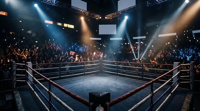 Boxing Arena Ready for Combat: An empty boxing ring sits under dramatic spotlights, surrounded by a cheering, packed stadium, evoking anticipation and the thrill of competition.