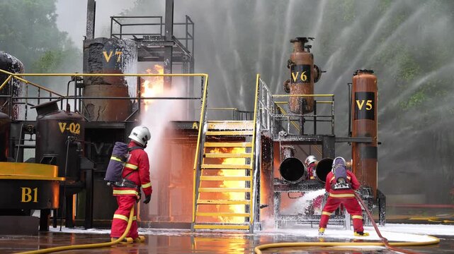 Firefighter firefighting industrial training emergency safety water spray at outdoor plant, crew in protective suit with hose and foam, high pressure spray cools metal equipment, refinery blaze drill
