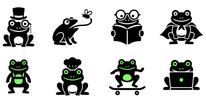 A collection of cute frog icons featuring various activities and costumes including a chef student skater and gentleman frog characters