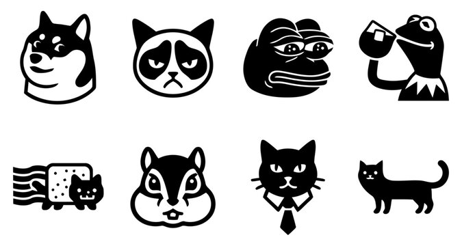Set of black and white vector icons featuring popular internet meme characters and various stylized animal illustrations for creative design