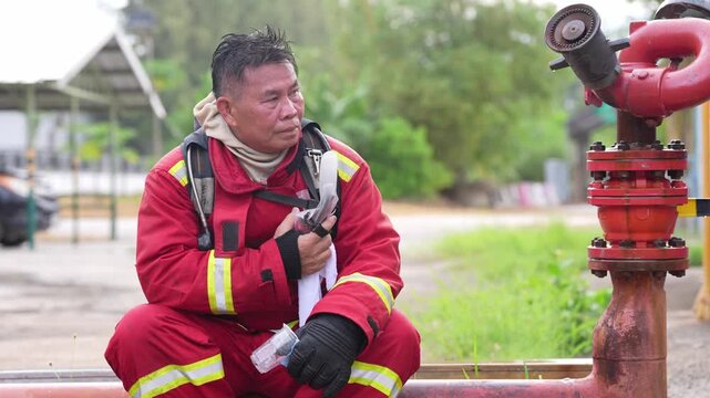 Firefighter at hydrant in protective suit during emergency response outdoor training, rescue worker resting with breathing apparatus, safety gear and helmet beside red valve, alert street drill