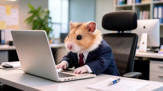Anthropomorphic hamster executive typing on laptop at office desk. Small furry businessman in suit working in corporate environment. Medium shot with panning camera movement.