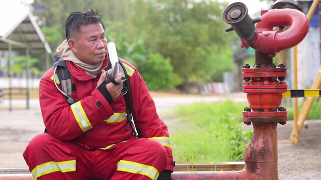 Firefighter fire rescue radio uniform equipment hydrant safety emergency responder training drill, red protective suit with handheld radio beside standpipe valve and industrial fire monitor