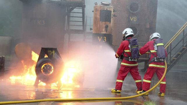 Firefighter fire firefighting hose water spray foam stream control flame smoke at industrial refinery safety training drill, two adult responders in protective suit attack blaze near storage tank