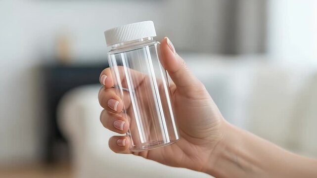 Female hand delicately holds an empty, transparent plastic bottle with a white cap, perfect for showcasing product packaging, design, and various container applications.