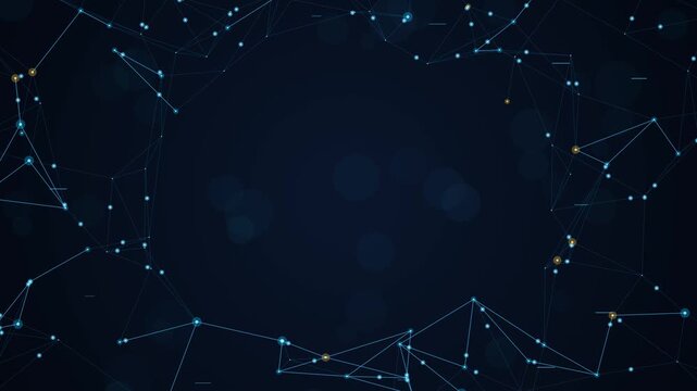 Abstract dynamic digital technology background concept showing connected glowing network nodes lines on dark blue backdrop.