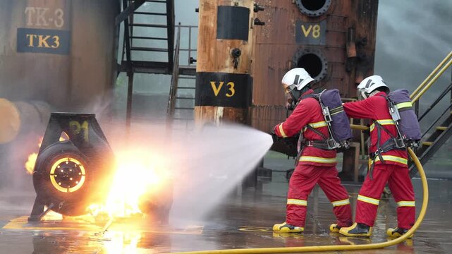 Firefighter industrial fire rescue emergency response with water hose, protective suit, helmet, breathing gear, smoke filled refinery yard drill spraying pressure stream to control fuel blaze