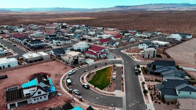 Aerial View of Modern Suburban Housing Development in Desert Landscape