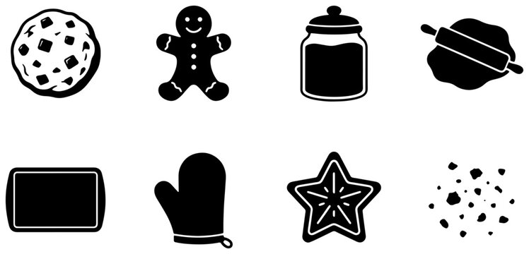 Baking Icons Set: Gingerbread Man, Rolling Pin, Cookie Jar, Oven Mitt, Baking Sheet, Star Cookie