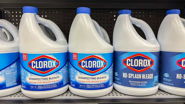 Clorox bleach display. Clorox Bleach is a chlorine-based household cleaner and EPA-registered disinfectant.