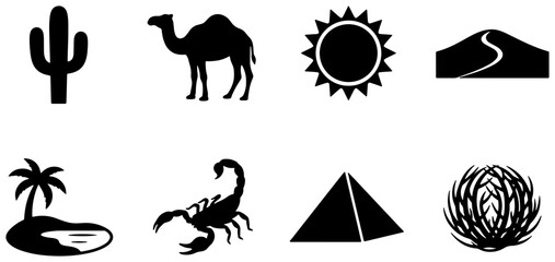 Fototapeta premium Desert Icons Collection: Camel, Cactus, Pyramid, Sun, Oasis, Scorpion, Dune, Plant