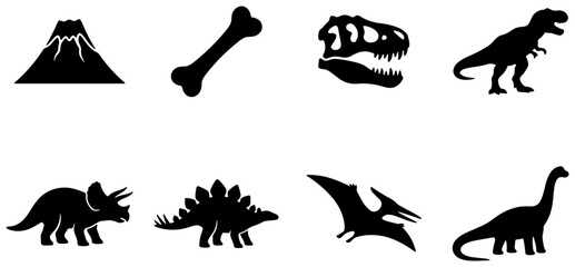 Dinosaur Icons Set: Tyrannosaurus Rex, Triceratops, Pterodactyl, Brontosaurus, Volcano, Bone © Md