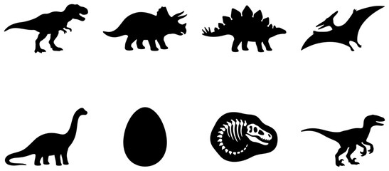 Dinosaur Silhouettes Collection, Prehistoric Creatures Vector Icons, Fossil Egg and Skeleton Graphics © Md