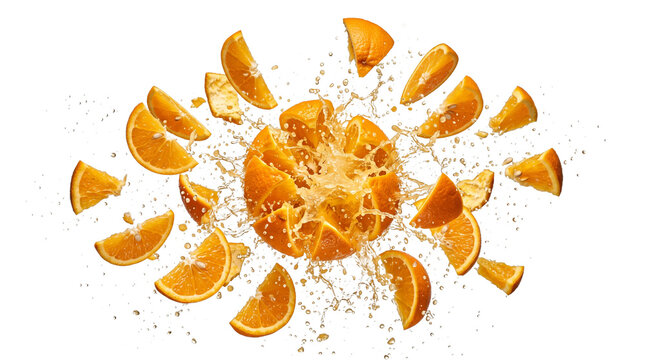 Exploding fresh orange fruit pieces isolated on white background with vitamin c explosion tropical