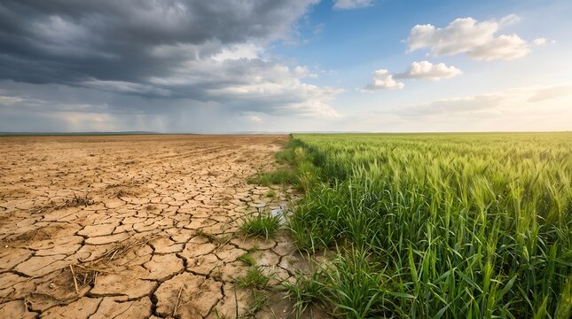 Environmental crisis contrast of cracked dry soil and vibrant green crops symbolizing climate change agricultural impact