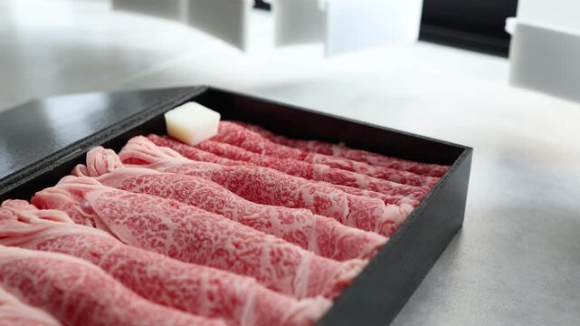 すき焼き用和牛。高級霜降り牛肉を黒い箱に美しく盛り付け。