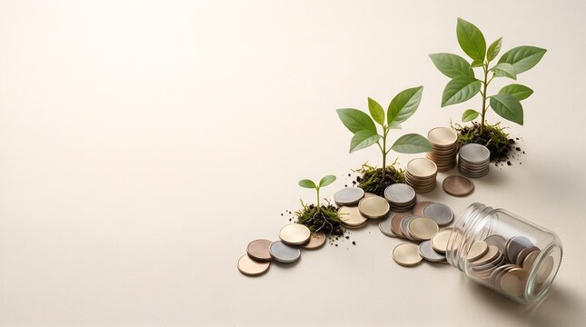 Progressive financial growth graph made of stacked coins and growing plants illustrating step-by-step wealth building and sustainable economic development